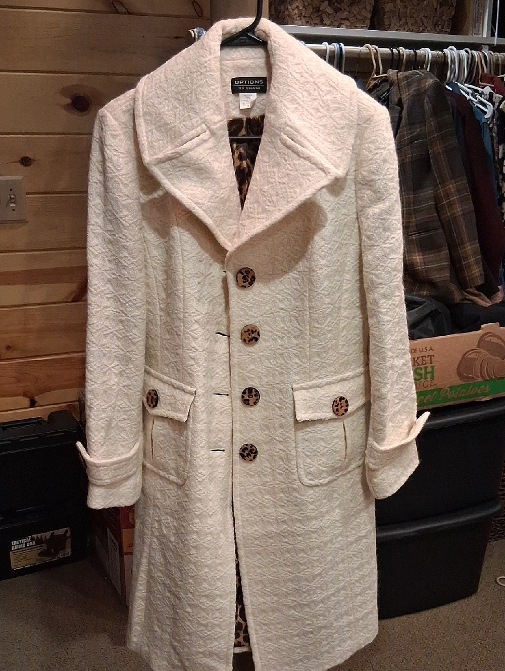 Cream Textured Wool-Blend Coat with Leopard Buttons